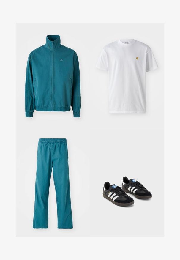 Lichte, tealkleurige jas met een hoge kraag, ritssluiting aan de voorkant, twee zijzakken, elastische manchetten en drie verticale strepen langs de mouwen.; Witte katoenen t-shirt met korte mouwen en ronde hals, voorzien van een klein gouden logo op de linkerkant van de borst. Zachte textuur en een normale pasvorm.; Tegengestelde gekleurde broek van lichtgewicht stof, met een elastische tailleband en een rechte snit met zijzakken.; Zwarte sneakers met een bovenwerk van suède en synthetisch materiaal, voorzien van drie witte strepen, een gestructureerde rubberen zool en een blauw logo-label op de tong.