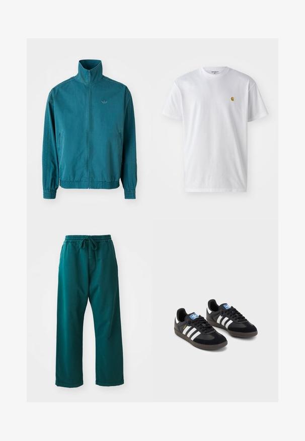 Lichte, tealkleurige jas met een hoge kraag, ritssluiting aan de voorkant, twee zijzakken, elastische manchetten en drie verticale strepen langs de mouwen.; Witte katoenen t-shirt met korte mouwen en ronde hals, voorzien van een klein gouden logo op de linkerkant van de borst. Zachte textuur en een normale pasvorm.; Teal wijdvallende broek van zachte stof, met een elastische tailleband en een trekkoord voor een verstelbare pasvorm en een gladde textuur.; Zwarte sneakers met een bovenwerk van suède en synthetisch materiaal, voorzien van drie witte strepen, een gestructureerde rubberen zool en een blauw logo-label op de tong.