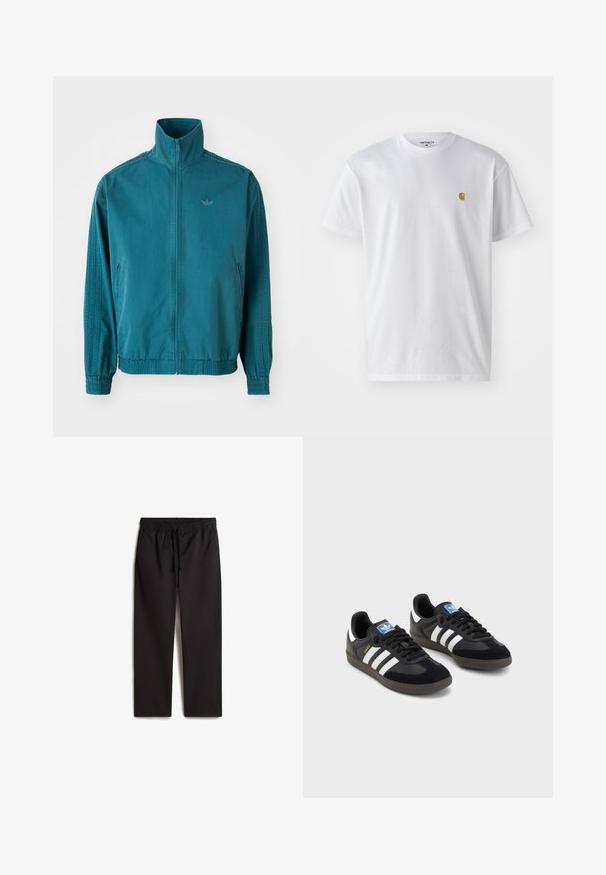 Tukkean kevyt takki korkealla kauluksella, vetoketjukiinnitys, kaksi sivutaskua, joustavat hihansuut ja kolme pystysuoraa raitaa hihojen varrella.; Valkoinen puuvillapaita lyhyillä hihoilla, pyöreä kaula-aukko, jossa on pieni kultainen logo vasemmassa rintapielessä. Pehmeä kangas ja normaali istuvuus.; Mustat, joustavat vyötäröpaidat, joissa on naru; suora lahkeen muoto; sileä pinta; joissa on kaksi sivutaskua.; Mustat lenkkarit, joissa on mokkanahka- ja synteettinen päällinen, kolmella valkoisella raidalla, tekstuurilla varustettu kumipohja ja sininen logo-etiketti kielellä.