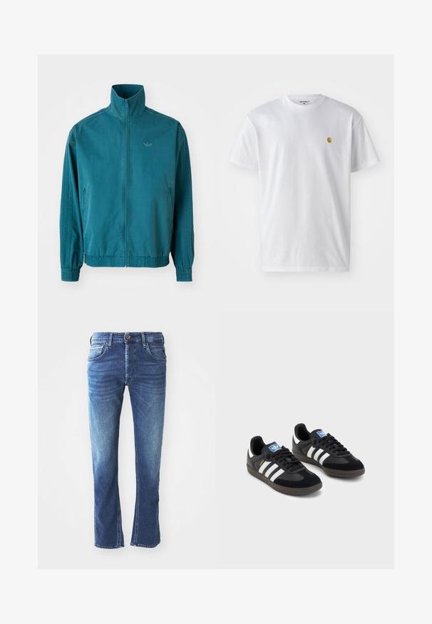 Tyrkysová lehká bunda s vysokým límcem, zapínáním na zip, dvěma bočními kapsami, elastickými manžetami a třemi vertikálními pruhy na rukávech.; Bílé bavlněné tričko s krátkým rukávem a kulatým výstřihem, s malým zlatým logem na levé straně hrudi. Měkká textura a klasický střih.; Tmavě modré denimové džíny s rovnými nohavicemi, obsahující pět kapes, hnědé zapínání na knoflík a jemné světlejší vyblednutí na stehnech.; Černé tenisky s vrškem z semiše a syntetického materiálu, s třemi bílými pruhy, texturovanou gumovou podrážkou a modrou nášivkou loga na jazyku.