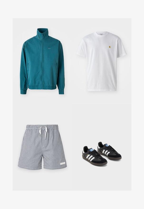 Chaqueta ligera color teal con un alto cuello, cierre de cremallera frontal, dos bolsillos laterales, puños elásticos y tres franjas verticales a lo largo de las mangas.; Camiseta de algodón blanca con mangas cortas, cuello redondo, que presenta un pequeño logo dorado en la parte izquierda del pecho. Textura suave y corte regular.; Bañador a rayas en azul marino y blanco. Fabricado con material ligero, con cintura elástica, cierre con cordón y bolsillos laterales.; Zapatillas negras con un upper de ante y sintético, con tres rayas blancas, suela de goma texturizada y etiqueta de logo azul en la lengüeta.