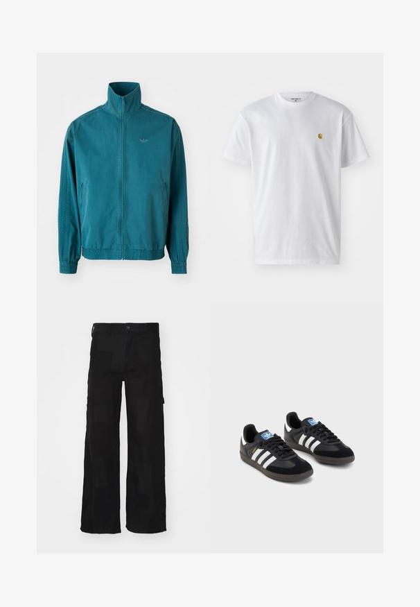 Lichte, tealkleurige jas met een hoge kraag, ritssluiting aan de voorkant, twee zijzakken, elastische manchetten en drie verticale strepen langs de mouwen.; Witte katoenen t-shirt met korte mouwen en ronde hals, voorzien van een klein gouden logo op de linkerkant van de borst. Zachte textuur en een normale pasvorm.; Zwarte cargobroek van een katoenmix, met een losse pasvorm, twee zijzakken, een knoopsluiting en een gladde textuur met een subtiel patroon.; Zwarte sneakers met een bovenwerk van suède en synthetisch materiaal, voorzien van drie witte strepen, een gestructureerde rubberen zool en een blauw logo-label op de tong.