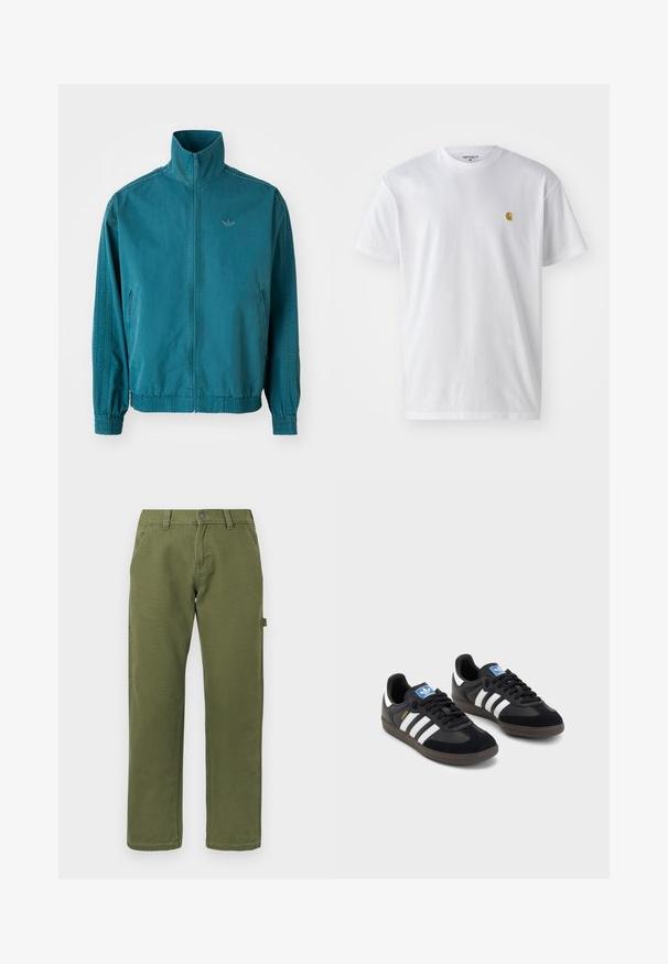 Svetlo modra lahka jakna z visokim ovratnikom, zadrgo spredaj, dvema stranskima žepoma, elastičnimi manžetami in tremi navpičnimi črtami po rokavih.; Bela bombažna majica s kratkimi rokavi, krožnim ovratnikom, z majhnim zlatim logotipom na levem prsnem predelu. Mehka tekstura in običajen kroj.; Enosko krojena olivno zelena hlače z sprednjimi žepi, zankami za pas, gumbnim zapiranjem in stransko zanko za orodje na enobarvni podlagi.; Črne športne copate z zgornjim delom iz semiša in sintetičnih materialov, ki imajo tri bele črte, teksturiran gumijast podplat in modro označevalno oznako na jeziku.