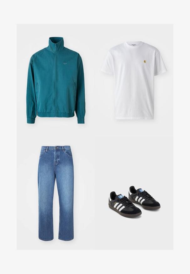 Turkusowa lekka kurtka z wysokim kołnierzem, zamkiem z przodu, dwoma bocznymi kieszeniami, elastycznymi mankietami i trzema pionowymi paskami wzdłuż rękawów.; Biała bawełniana koszulka z krótkim rękawem, okrągłym dekoltem, z małym złotym logo na lewej części klatki piersiowej. Miękka textura i regularny krój.; Dżinsy w średnim niebieskim kolorze, z prostą nogawką, tradycyjnym pięciopocketowym stylem i klasycznym zapięciem na guzik i suwak.; Czarne sneakersy z zamszową i syntetyczną cholewką, wyposażone w trzy białe paski, teksturowaną gumową podeszwę oraz niebieską metkę z logo na języku.