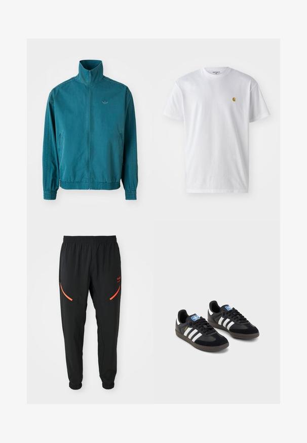 Tamsiai mėlyna lengva striukė su aukštu apykakle, užtrauktuku priekyje, dviem šoninėmis kišenėmis, elastinėmis rankovėmis ir trimis vertikaliomis juostomis ant rankovių.; Balta medvilnės marškinėliai su trumpomis rankovėmis, apvalia iškirpte, kuriuose kairėje krūtinės pusėje yra mažas auksinis logotipas. Minkšta tekstūra ir reguliari forma.; Juodos sportinės kelnės su elastingu juosmeniu ir rankogaliais, turinčios įstrižus raudonus užtrauktukų kišenes ir mažą raudoną prekės ženklo tekstą dešinėje šlaunyje.; Juodi sportiniai bateliai su zomšos ir sintetine viršutine dalimi, turintys tris baltas juosteles, tekstūruotą gumos pado paviršių ir mėlyną logotipo etiketę ant liežuvėlio.