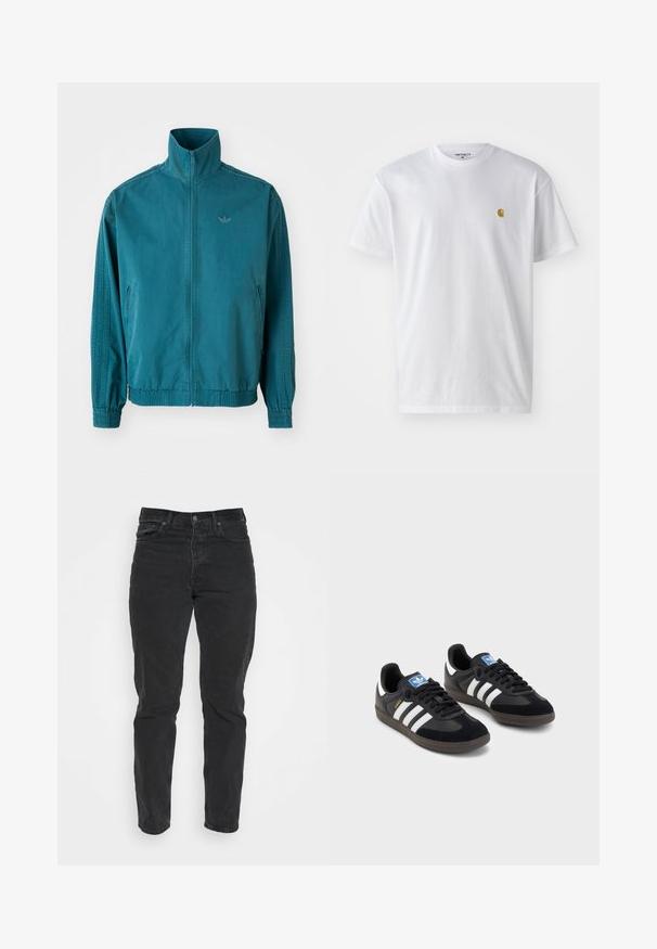 Casaco leve em teal com colarinho alto, fecho em zip, dois bolsos laterais, punhos elásticos e três riscas verticais nas mangas.; T-shirt branca de algodão com mangas curtas, decote redondo, apresentando um pequeno logótipo dourado na área do peito esquerdo. Textura macia e ajuste regular.; Jeans de ganga pretos com um corte reto, cinco bolsos, fecho de botão frontal e costuras em contraste. Textura suave com ligeiros sinais de uso visíveis.; Sneakers pretos com parte superior em camurça e sintético, apresentando três riscas brancas, sola de borracha texturizada e etiqueta azul no linguete.