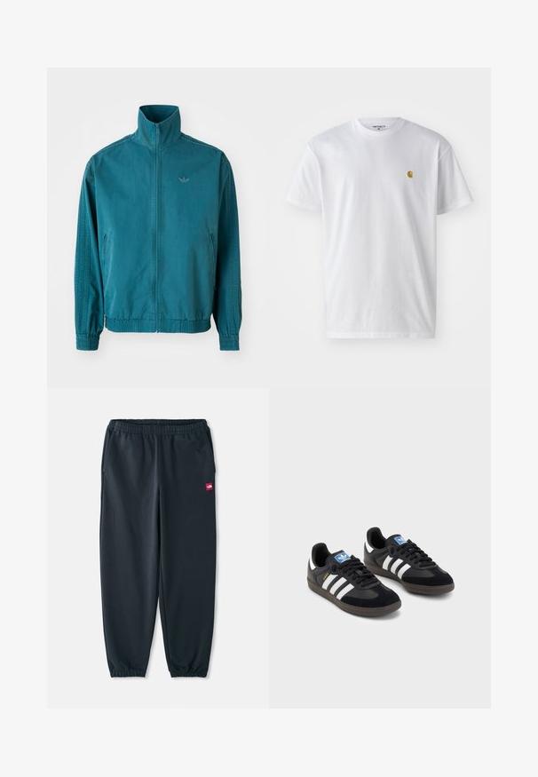 Tukkean kevyt takki korkealla kauluksella, vetoketjukiinnitys, kaksi sivutaskua, joustavat hihansuut ja kolme pystysuoraa raitaa hihojen varrella.; Valkoinen puuvillapaita lyhyillä hihoilla, pyöreä kaula-aukko, jossa on pieni kultainen logo vasemmassa rintapielessä. Pehmeä kangas ja normaali istuvuus.; Musta juoksuhousut, jotka on valmistettu sileästä kankaasta, ja niissä on joustava vyötärö, nilkkakumit sekä pieni punainen logohaarukka sivulla.; Mustat lenkkarit, joissa on mokkanahka- ja synteettinen päällinen, kolmella valkoisella raidalla, tekstuurilla varustettu kumipohja ja sininen logo-etiketti kielellä.