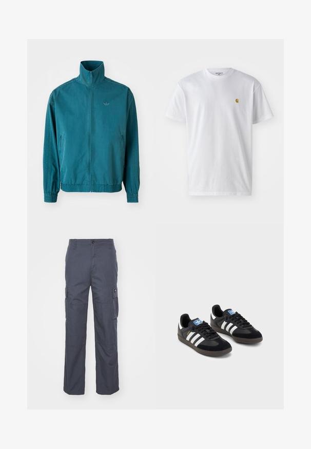 Svetlo modra lahka jakna z visokim ovratnikom, zadrgo spredaj, dvema stranskima žepoma, elastičnimi manžetami in tremi navpičnimi črtami po rokavih.; Bela bombažna majica s kratkimi rokavi, krožnim ovratnikom, z majhnim zlatim logotipom na levem prsnem predelu. Mehka tekstura in običajen kroj.; Cargo hlače iz temnosive tkanine, ki imajo široke hlačnice, več stranskih žepov in gumbasto zapiranje v pasu. Gladka tekstura in trdna zasnova.; Črne športne copate z zgornjim delom iz semiša in sintetičnih materialov, ki imajo tri bele črte, teksturiran gumijast podplat in modro označevalno oznako na jeziku.
