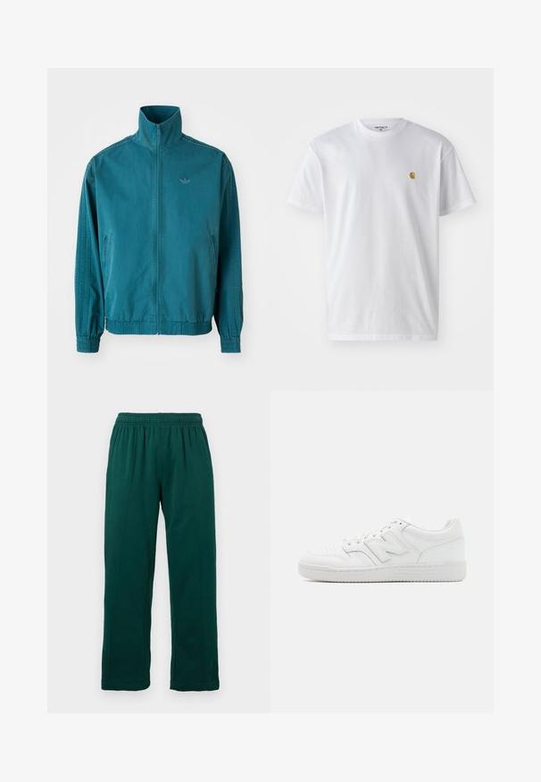 Tirkizna lagana jakna s visokim ovratnikom, prednjim zatvaračem, dva bočna džepa, elastičnim manžetama i tri vertikalne pruge duž rukava.; Bijela pamučna majica kratkih rukava s okruglim izrezom, sa malim zlatnim logotipom na lijevoj strani prsnog koša. Mekana tekstura i standardni kroj.; Tamnozeleni flis hlače s elastičnim pojasom, ravnim nogavicama i vidljivim šavnim detaljima sprijeda, prikazane na bijeloj pozadini.; Bijela tenisica od glatke kože, s perforiranim prstom, teksturiranim gumenim đonom, ravnim vezicama i istaknutim 'N' logom sa strane.