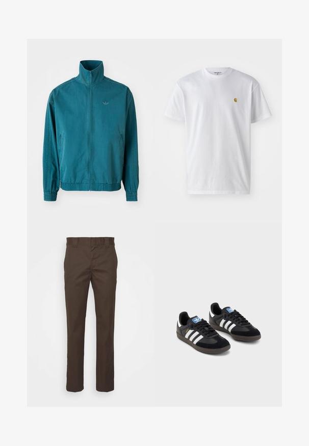 Tyrkysová lehká bunda s vysokým límcem, zapínáním na zip, dvěma bočními kapsami, elastickými manžetami a třemi vertikálními pruhy na rukávech.; Bílé bavlněné tričko s krátkým rukávem a kulatým výstřihem, s malým zlatým logem na levé straně hrudi. Měkká textura a klasický střih.; Hnědé kalhoty vyrobené z odolné tkaniny, s rovnými nohavicemi, standardním pasem a postranními kapsami pro praktické využití.; Černé tenisky s vrškem z semiše a syntetického materiálu, s třemi bílými pruhy, texturovanou gumovou podrážkou a modrou nášivkou loga na jazyku.