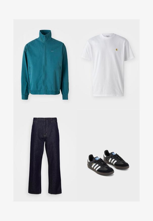 Türkiissinine kerge jakk kõrge kraega, lukuga ees, kahe küljetaskuga, elastsete mansettidega ning kolme vertikaalse triibuga varrukatel.; Valge puuvillane t-särk lühikeste varrukatega, ümmargune kaelus, millel on väike kuldne logo vasakul rinnal. Pehme tekstuur ja regulaarne lõike.; Tumedat sinised sirgedee ääristatud teksapüksid, millel on esikotid, vöökoharihmade aasad, lukuga ja nööbiga sulgumine, esitatud lihtsal valgel taustal.; Mustad tossud, mille pealseks on seemisnahk ja sünteetilised materjalid, kolme valge triibuga, tekstureeritud kummitald ja sinine logo silt keele peal.