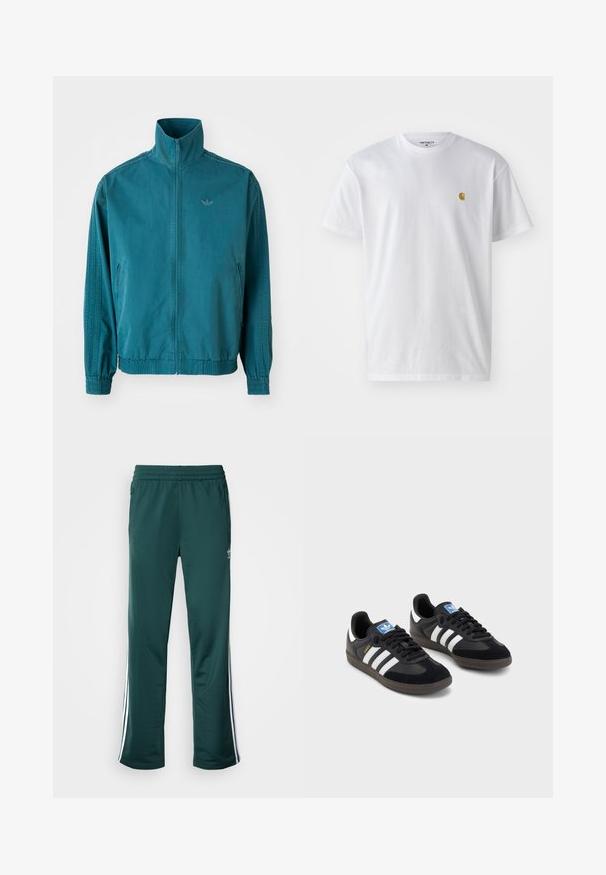 Tīrā zilganas krāsas vieglais mētelis ar augstu apkakli, ar rāvējslēdzēju priekšpusē, divām sānu kabatām, elastīgām manšettēm un trim vertikālām svītrām gar piedurknēm.; Balta kokvilnas t-kreklu ar īsām piedurknēm, apaļu kakla izgriezumu, ar mazu zelta logotipu kreisajā krūšu pusē. Mīksta tekstūra un regulāra piegriezuma.; Tumši zaļi sporta bikses ar teksturētu audumu, elastīgu jostasviju un baltām sānu strīpām. Logo izdrukāts augšējā kreisajā priekšējā pusē.; Melnas sporta apavas ar zamšādas un sintētisku augšdaļu, ar trim baltām svītrām, teksturētu gumijas zoli un zilu logo birku uz mēles.