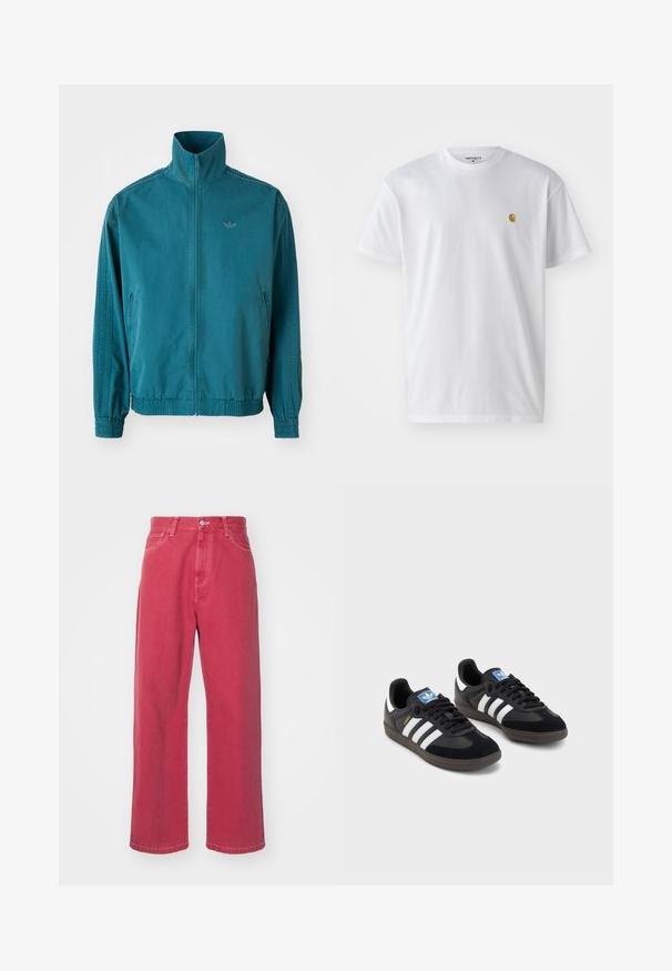 Tamsiai mėlyna lengva striukė su aukštu apykakle, užtrauktuku priekyje, dviem šoninėmis kišenėmis, elastinėmis rankovėmis ir trimis vertikaliomis juostomis ant rankovių.; Balta medvilnės marškinėliai su trumpomis rankovėmis, apvalia iškirpte, kuriuose kairėje krūtinės pusėje yra mažas auksinis logotipas. Minkšta tekstūra ir reguliari forma.; Carhartt WIP LANDON PANT - Platūs džinsai - tuscany; Juodi sportiniai bateliai su zomšos ir sintetine viršutine dalimi, turintys tris baltas juosteles, tekstūruotą gumos pado paviršių ir mėlyną logotipo etiketę ant liežuvėlio.