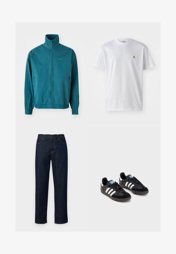 Giacca leggera color teal con colletto alto, zip frontale, due tasche laterali, polsini elastici e tre righe verticali lungo le maniche.; T-shirt bianco in cotone con maniche corte, con colletto girocollo, caratterizzato da un piccolo logo dorato sulla parte sinistra del petto. Tessuto morbido e vestibilità regolare.; Jeans blu scuro in denim, con gamba dritta, vita media, cuciture arancioni e un classico design a cinque tasche.; Sneakers neri con tomaia in suede e materiale sintetico, caratterizzati da tre strisce bianche, suola in gomma testurizzata e etichetta blu sul linguetta.