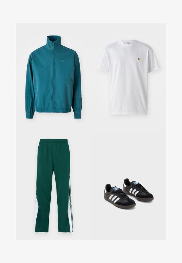 Casaco leve em teal com colarinho alto, fecho em zip, dois bolsos laterais, punhos elásticos e três riscas verticais nas mangas.; T-shirt branca de algodão com mangas curtas, decote redondo, apresentando um pequeno logótipo dourado na área do peito esquerdo. Textura macia e ajuste regular.; Calças desportivas verdes com cintura elástica, com painéis laterais brancos e um logótipo. O tecido tem uma textura lisa e leve.; Sneakers pretos com parte superior em camurça e sintético, apresentando três riscas brancas, sola de borracha texturizada e etiqueta azul no linguete.