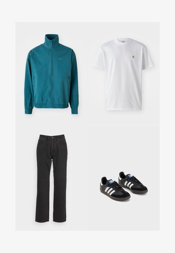 Tamsiai mėlyna lengva striukė su aukštu apykakle, užtrauktuku priekyje, dviem šoninėmis kišenėmis, elastinėmis rankovėmis ir trimis vertikaliomis juostomis ant rankovių.; Balta medvilnės marškinėliai su trumpomis rankovėmis, apvalia iškirpte, kuriuose kairėje krūtinės pusėje yra mažas auksinis logotipas. Minkšta tekstūra ir reguliari forma.; Juodi džinsai su tiesiu kirpimu, turintys priekinį sagčių užsegimą, dėvėjimo juostas ir dvi šonines kišenes. Strukturizuota medžiaga.; Juodi sportiniai bateliai su zomšos ir sintetine viršutine dalimi, turintys tris baltas juosteles, tekstūruotą gumos pado paviršių ir mėlyną logotipo etiketę ant liežuvėlio.