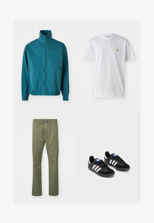 Tamsiai mėlyna lengva striukė su aukštu apykakle, užtrauktuku priekyje, dviem šoninėmis kišenėmis, elastinėmis rankovėmis ir trimis vertikaliomis juostomis ant rankovių.; Balta medvilnės marškinėliai su trumpomis rankovėmis, apvalia iškirpte, kuriuose kairėje krūtinės pusėje yra mažas auksinis logotipas. Minkšta tekstūra ir reguliari forma.; Alyviniai žali kelnių pagaminti iš lengvos medžiagos, su elastingu juosmeniu, reguliuojamu raiščiu ir dviem priekinėmis kišenėmis.; Juodi sportiniai bateliai su zomšos ir sintetine viršutine dalimi, turintys tris baltas juosteles, tekstūruotą gumos pado paviršių ir mėlyną logotipo etiketę ant liežuvėlio.