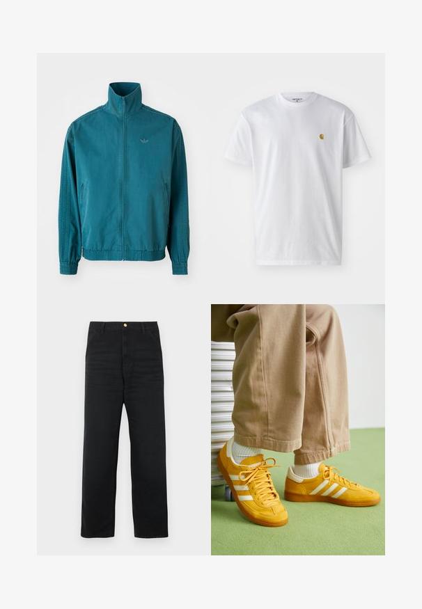 Casaco leve em teal com colarinho alto, fecho em zip, dois bolsos laterais, punhos elásticos e três riscas verticais nas mangas.; T-shirt branca de algodão com mangas curtas, decote redondo, apresentando um pequeno logótipo dourado na área do peito esquerdo. Textura macia e ajuste regular.; Calças de ganga pretas com design de perna reta, apresentando um fecho frontal de botões, dois bolsos laterais e textura subtil.; Ténis amarelos de camurça com riscas brancas, com sola de borracha, cordões de tecido e colarinho acolchoado, combinados com calças de algodão bege.