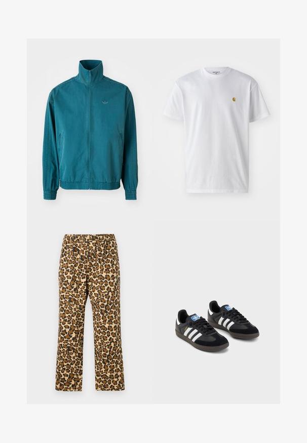 Turkusowa lekka kurtka z wysokim kołnierzem, zamkiem z przodu, dwoma bocznymi kieszeniami, elastycznymi mankietami i trzema pionowymi paskami wzdłuż rękawów.; Biała bawełniana koszulka z krótkim rękawem, okrągłym dekoltem, z małym złotym logo na lewej części klatki piersiowej. Miękka textura i regularny krój.; Spodnie w panterkę w odcieniach brązu, czerni i beżu. Posiadają elastyczny pas oraz luźny, prosty krój nogawek. Wykonane z lekkiego materiału.; Czarne sneakersy z zamszową i syntetyczną cholewką, wyposażone w trzy białe paski, teksturowaną gumową podeszwę oraz niebieską metkę z logo na języku.
