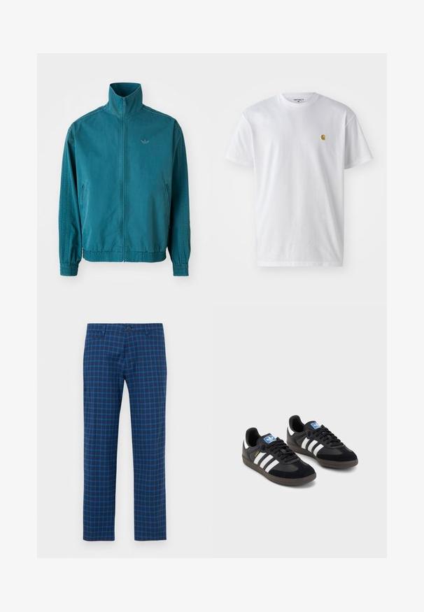 Svetlo modra lahka jakna z visokim ovratnikom, zadrgo spredaj, dvema stranskima žepoma, elastičnimi manžetami in tremi navpičnimi črtami po rokavih.; Bela bombažna majica s kratkimi rokavi, krožnim ovratnikom, z majhnim zlatim logotipom na levem prsnem predelu. Mehka tekstura in običajen kroj.; Modre kariraste hlače z temno modrim osnovnim tonom in svetlo modrim ožjim vzorcem, ravnim krojem, sprednjimi žepi in gumbnim zapiranjem.; Črne športne copate z zgornjim delom iz semiša in sintetičnih materialov, ki imajo tri bele črte, teksturiran gumijast podplat in modro označevalno oznako na jeziku.