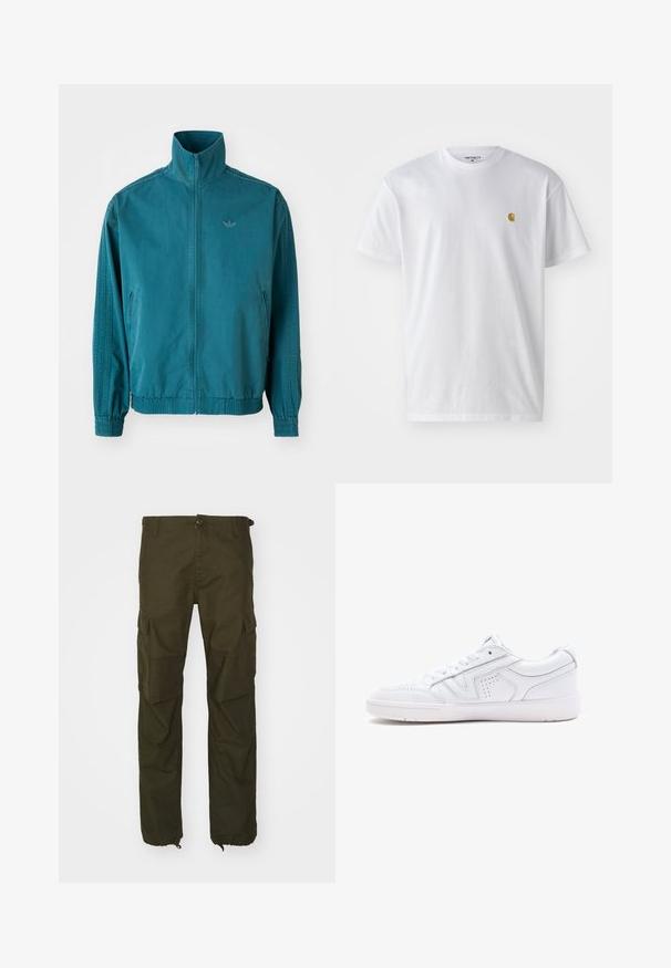 Tīrā zilganas krāsas vieglais mētelis ar augstu apkakli, ar rāvējslēdzēju priekšpusē, divām sānu kabatām, elastīgām manšettēm un trim vertikālām svītrām gar piedurknēm.; Balta kokvilnas t-kreklu ar īsām piedurknēm, apaļu kakla izgriezumu, ar mazu zelta logotipu kreisajā krūšu pusē. Mīksta tekstūra un regulāra piegriezuma.; Oliņu zaļas kravas bikses, izgatavotas no izturīga auduma, ar pogu aizdari, vairākām sānu kabatām un elastīgām aprocēm pie potītem.; Balta ādas tenisa apavi ar zemu profilu, ovāla forma, perforēta apdare un teksturēts zolīte. Iekļautas auklas un smalki šuvumi.