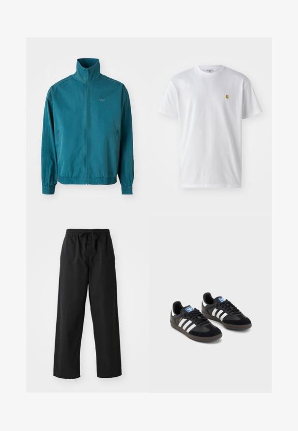 Tyrkysová lehká bunda s vysokým límcem, zapínáním na zip, dvěma bočními kapsami, elastickými manžetami a třemi vertikálními pruhy na rukávech.; Bílé bavlněné tričko s krátkým rukávem a kulatým výstřihem, s malým zlatým logem na levé straně hrudi. Měkká textura a klasický střih.; Černé kalhoty s širokými nohavicemi vyrobené z měkké tkaniny, s elastickým pasem a nastavitelnou šňůrkou, mají hladkou texturu a žádné viditelné vzory.; Černé tenisky s vrškem z semiše a syntetického materiálu, s třemi bílými pruhy, texturovanou gumovou podrážkou a modrou nášivkou loga na jazyku.