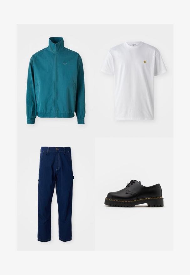 Jachetă ușoară de culoare teal, cu guler înalt, fermoar pe față, două buzunare laterale, manșete elastice și trei dungi verticale pe mâneci.; Tricou alb din bumbac, cu mâneci scurte, gât echipat, având un mic logo auriu în zona stânga a pieptului. Textură moale și croială normală.; Pantaloni de lucru din denim drept, de culoare albastru închis, cu cusături albe, șnururi pentru curea, buzunare frontale și o buclă de unelte pe lateral, pe un fundal alb.; Pantof black din piele, cu sireturi, cu vârf rotund, talpă din cauciuc texturat și cusături galbene în jurul bazei. Design plat și finisaj neted.