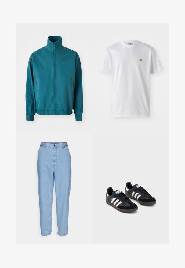 Teal lightweight jacket with a high collar, zip front, two side pockets, elastic cuffs, and three vertical stripes along the sleeves.; White cotton t-shirt with short sleeves, crew neck, featuring a small gold logo on the left chest area. Soft texture and regular fit.; Light blue denim jeans with a relaxed fit, high waist, and straight legs. Features front pockets and a metal button closure.; Black sneakers with a suede and synthetic upper, featuring three white stripes, textured rubber sole, and blue logo tag on the tongue.