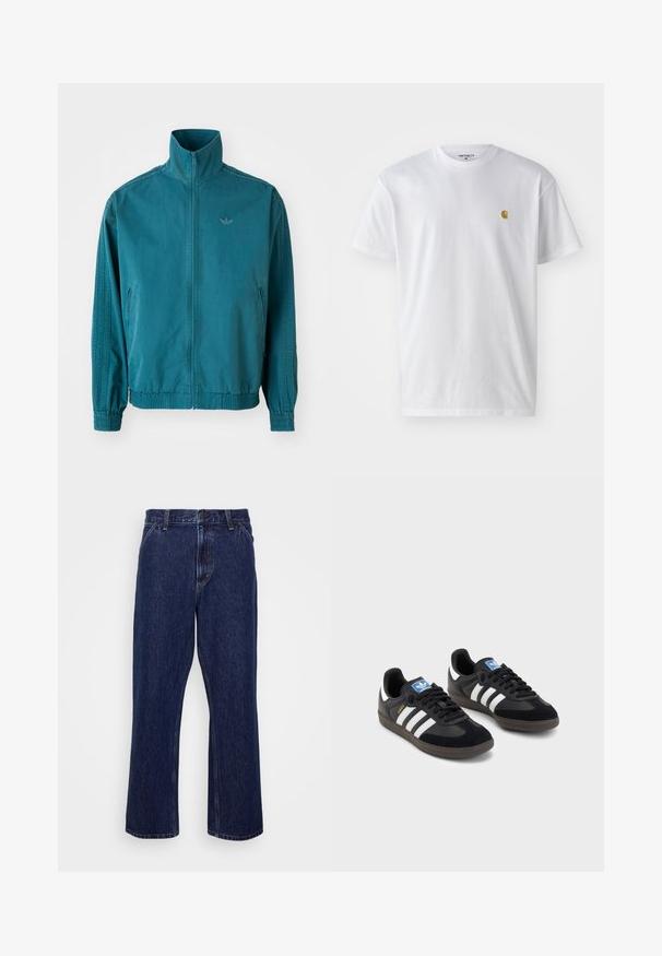 Teal lightweight jacket with a high collar, zip front, two side pockets, elastic cuffs, and three vertical stripes along the sleeves.; White cotton t-shirt with short sleeves, crew neck, featuring a small gold logo on the left chest area. Soft texture and regular fit.; Dark blue denim jeans with a straight-leg design, featuring a button closure, five-pocket style, and subtle stitching details.; Black sneakers with a suede and synthetic upper, featuring three white stripes, textured rubber sole, and blue logo tag on the tongue.