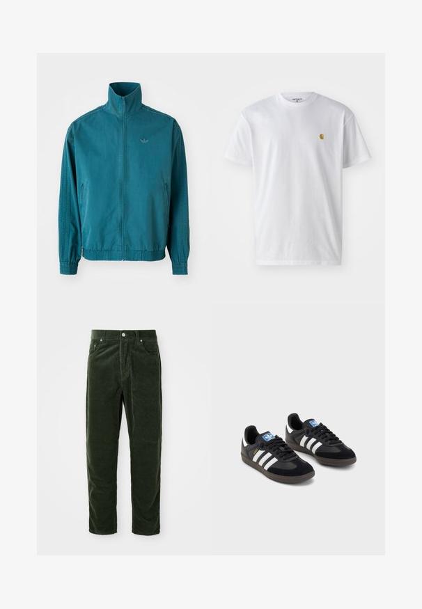 Tamsiai mėlyna lengva striukė su aukštu apykakle, užtrauktuku priekyje, dviem šoninėmis kišenėmis, elastinėmis rankovėmis ir trimis vertikaliomis juostomis ant rankovių.; Balta medvilnės marškinėliai su trumpomis rankovėmis, apvalia iškirpte, kuriuose kairėje krūtinės pusėje yra mažas auksinis logotipas. Minkšta tekstūra ir reguliari forma.; Žalios velveto kelnės su vertikaliai raibu paviršiumi, turinčios mygtuką, dvi priekinės kišenės ir tiesią kojos liniją.; Juodi sportiniai bateliai su zomšos ir sintetine viršutine dalimi, turintys tris baltas juosteles, tekstūruotą gumos pado paviršių ir mėlyną logotipo etiketę ant liežuvėlio.