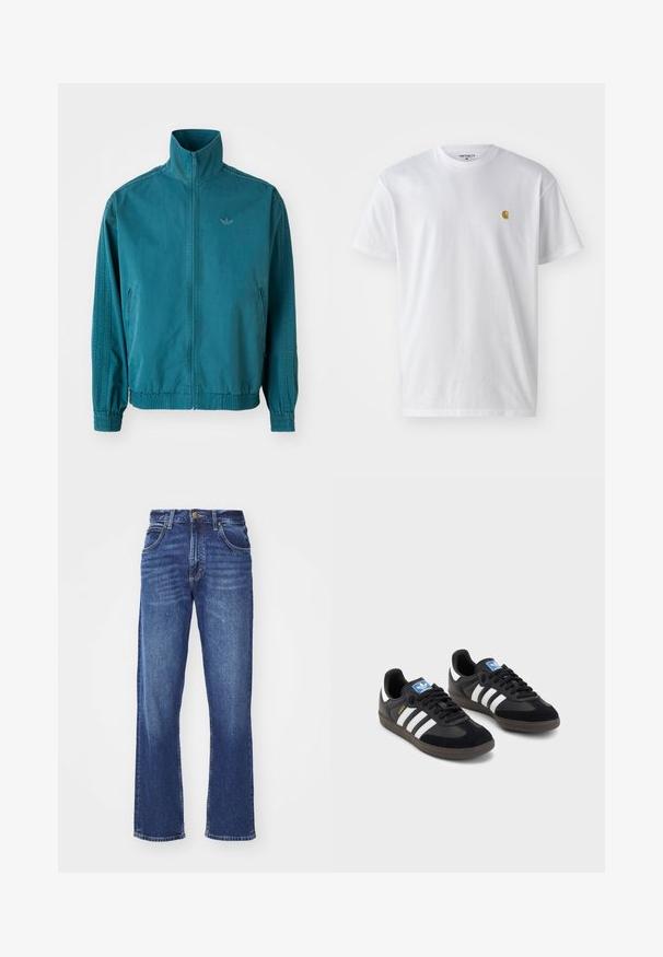 Svetlo modra lahka jakna z visokim ovratnikom, zadrgo spredaj, dvema stranskima žepoma, elastičnimi manžetami in tremi navpičnimi črtami po rokavih.; Bela bombažna majica s kratkimi rokavi, krožnim ovratnikom, z majhnim zlatim logotipom na levem prsnem predelu. Mehka tekstura in običajen kroj.; Denim kavbojke v srednje modri barvi, ravnega kroja z zbledelim izgledom, opremljene s pasovnimi zanke, sprednjimi žepi in gumbom za zapiranje.; Črne športne copate z zgornjim delom iz semiša in sintetičnih materialov, ki imajo tri bele črte, teksturiran gumijast podplat in modro označevalno oznako na jeziku.