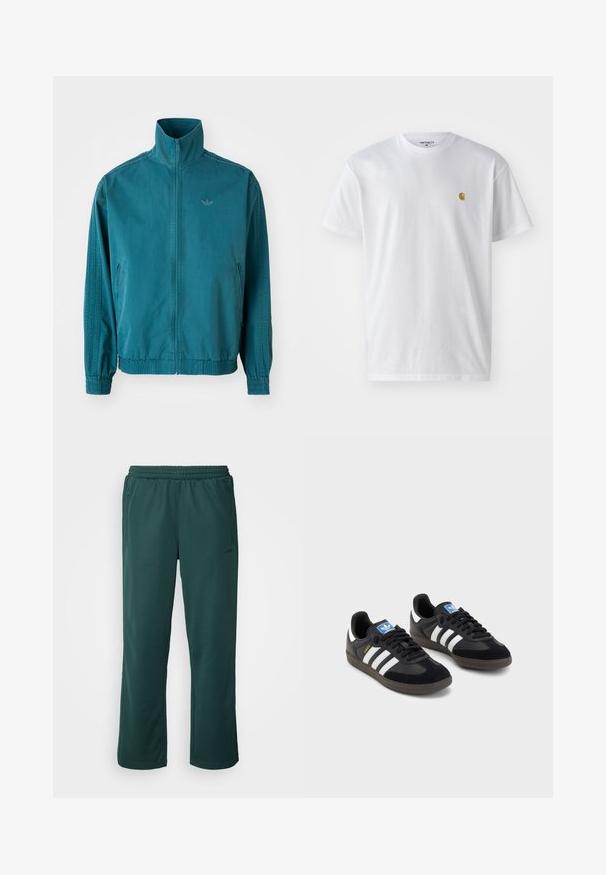 Tukkean kevyt takki korkealla kauluksella, vetoketjukiinnitys, kaksi sivutaskua, joustavat hihansuut ja kolme pystysuoraa raitaa hihojen varrella.; Valkoinen puuvillapaita lyhyillä hihoilla, pyöreä kaula-aukko, jossa on pieni kultainen logo vasemmassa rintapielessä. Pehmeä kangas ja normaali istuvuus.; Tumman vihreät urheiluhousut, jotka on valmistettu pehmeästä kankaasta. Housuissa on joustava vyötärö, kaksi sivutaskua vetoketjulla ja väljä leikkaus.; Mustat lenkkarit, joissa on mokkanahka- ja synteettinen päällinen, kolmella valkoisella raidalla, tekstuurilla varustettu kumipohja ja sininen logo-etiketti kielellä.