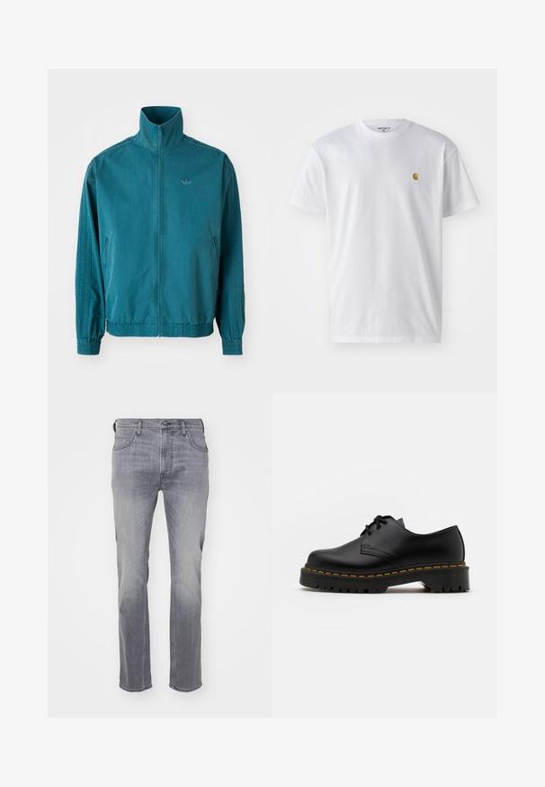 Veste légère teal avec un col montant, fermeture éclair à l'avant, deux poches latérales, poignets élastiques et trois rayures verticales le long des manches.; T-shirt en coton blanc à manches courtes, col rond, avec un petit logo doré sur la poitrine gauche. Texture douce et coupe régulière.; Des jeans en denim gris au design à jambe droite, style cinq poches, et finition délavée. Le matériau a une texture lisse et un léger extensibilité.; Chaussure en cuir noir à lacets avec un bout arrondi, semelle en caoutchouc texturée et surpiqûre jaune autour de la base. Design plat et finition lisse.