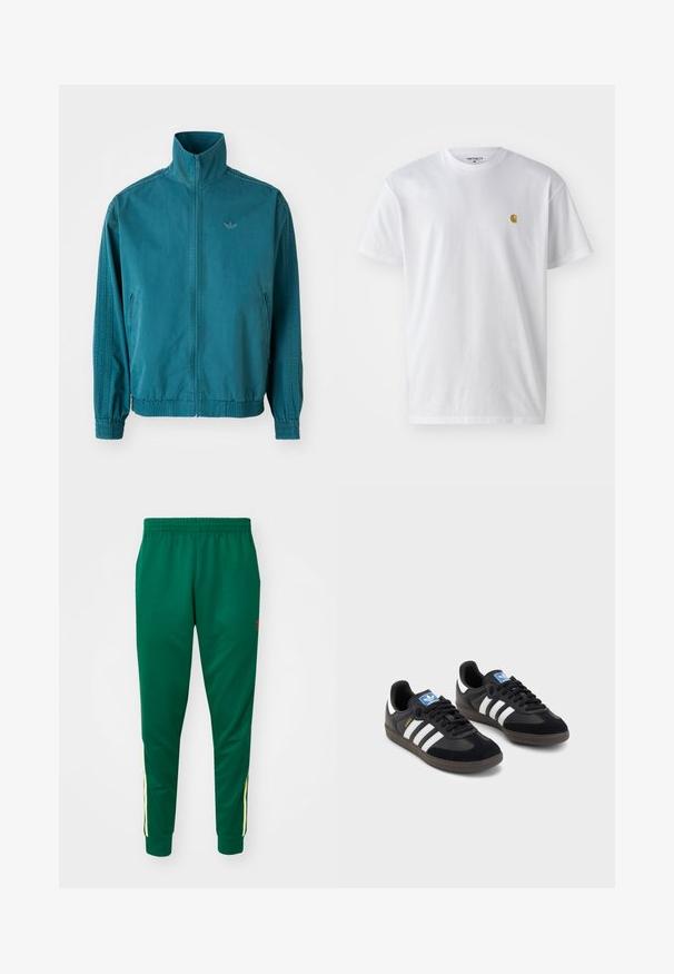Casaco leve em teal com colarinho alto, fecho em zip, dois bolsos laterais, punhos elásticos e três riscas verticais nas mangas.; T-shirt branca de algodão com mangas curtas, decote redondo, apresentando um pequeno logótipo dourado na área do peito esquerdo. Textura macia e ajuste regular.; Calças de fato de treino verdes, feitas de um tecido macio, com uma faixa amarela ao longo dos lados, cintura elástica e bainhas ajustadas.; Sneakers pretos com parte superior em camurça e sintético, apresentando três riscas brancas, sola de borracha texturizada e etiqueta azul no linguete.