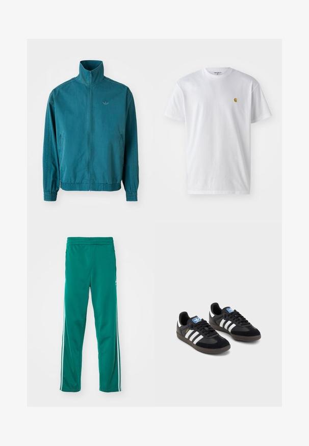 Tīrā zilganas krāsas vieglais mētelis ar augstu apkakli, ar rāvējslēdzēju priekšpusē, divām sānu kabatām, elastīgām manšettēm un trim vertikālām svītrām gar piedurknēm.; Balta kokvilnas t-kreklu ar īsām piedurknēm, apaļu kakla izgriezumu, ar mazu zelta logotipu kreisajā krūšu pusē. Mīksta tekstūra un regulāra piegriezuma.; Zaļas sporta bikses ar gludu tekstūru, ar baltu sānu svītru un elastīgu jostu. Taisna kāju forma.; Melnas sporta apavas ar zamšādas un sintētisku augšdaļu, ar trim baltām svītrām, teksturētu gumijas zoli un zilu logo birku uz mēles.