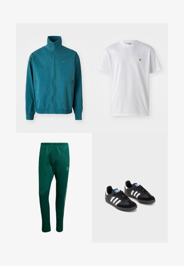 Casaco leve em teal com colarinho alto, fecho em zip, dois bolsos laterais, punhos elásticos e três riscas verticais nas mangas.; T-shirt branca de algodão com mangas curtas, decote redondo, apresentando um pequeno logótipo dourado na área do peito esquerdo. Textura macia e ajuste regular.; Calças de desporto verdes com um cós elástico, bolsos laterais e um logótipo discreto da marca. Feitas de um tecido suave e elástico.; Sneakers pretos com parte superior em camurça e sintético, apresentando três riscas brancas, sola de borracha texturizada e etiqueta azul no linguete.