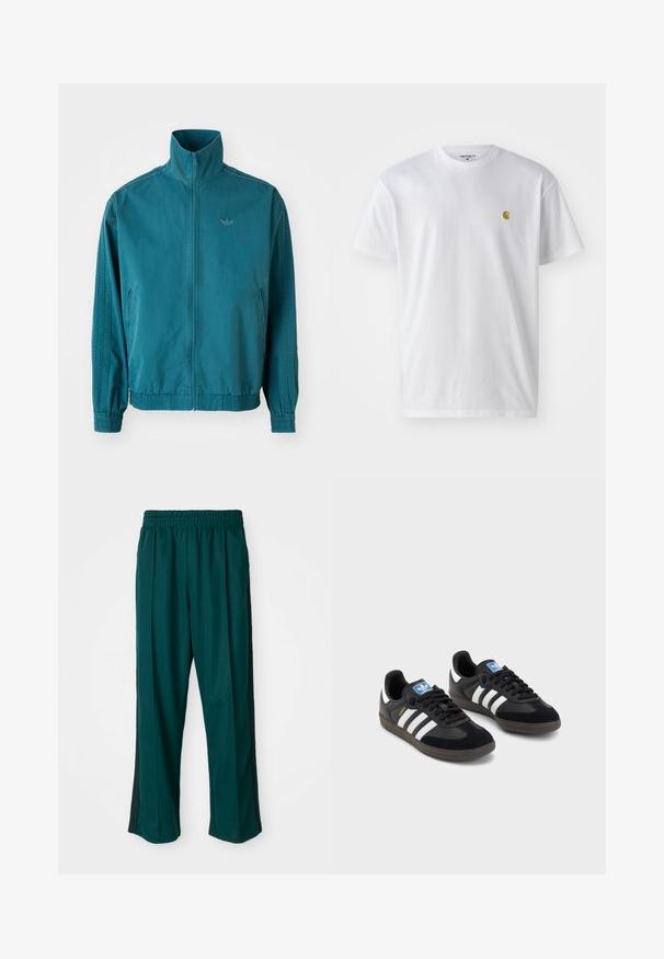 Casaco leve em teal com colarinho alto, fecho em zip, dois bolsos laterais, punhos elásticos e três riscas verticais nas mangas.; T-shirt branca de algodão com mangas curtas, decote redondo, apresentando um pequeno logótipo dourado na área do peito esquerdo. Textura macia e ajuste regular.; Calças de desporto verde-escuras com uma cintura elástica, design de perna reta e riscas pretas de lado. Feitas de um tecido macio e elástico.; Sneakers pretos com parte superior em camurça e sintético, apresentando três riscas brancas, sola de borracha texturizada e etiqueta azul no linguete.