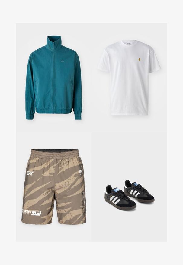 Türkiissinine kerge jakk kõrge kraega, lukuga ees, kahe küljetaskuga, elastsete mansettidega ning kolme vertikaalse triibuga varrukatel.; Valge puuvillane t-särk lühikeste varrukatega, ümmargune kaelus, millel on väike kuldne logo vasakul rinnal. Pehme tekstuur ja regulaarne lõike.; Venum UFC FIGHT WEEK TRAINING SHORTS - Spordišortsid - desert; Mustad tossud, mille pealseks on seemisnahk ja sünteetilised materjalid, kolme valge triibuga, tekstureeritud kummitald ja sinine logo silt keele peal.