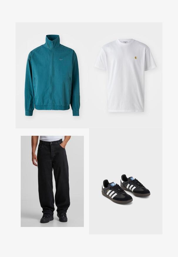 Tukkean kevyt takki korkealla kauluksella, vetoketjukiinnitys, kaksi sivutaskua, joustavat hihansuut ja kolme pystysuoraa raitaa hihojen varrella.; Valkoinen puuvillapaita lyhyillä hihoilla, pyöreä kaula-aukko, jossa on pieni kultainen logo vasemmassa rintapielessä. Pehmeä kangas ja normaali istuvuus.; Mustat, löysät farkut, joissa on napitussulku ja kaksi etutaskua. Yhdistetty mustiin urheilukenkihin ja valkoiseen paitaan.; Mustat lenkkarit, joissa on mokkanahka- ja synteettinen päällinen, kolmella valkoisella raidalla, tekstuurilla varustettu kumipohja ja sininen logo-etiketti kielellä.