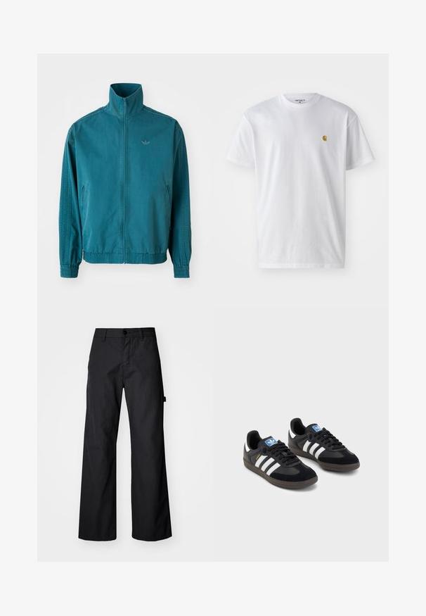 Lichte, tealkleurige jas met een hoge kraag, ritssluiting aan de voorkant, twee zijzakken, elastische manchetten en drie verticale strepen langs de mouwen.; Witte katoenen t-shirt met korte mouwen en ronde hals, voorzien van een klein gouden logo op de linkerkant van de borst. Zachte textuur en een normale pasvorm.; Zwarte, wijde broek gemaakt van duurzaam materiaal. Voorzien van een knoopsluiting en zijzakken. Glad textuur met een strakke uitstraling.; Zwarte sneakers met een bovenwerk van suède en synthetisch materiaal, voorzien van drie witte strepen, een gestructureerde rubberen zool en een blauw logo-label op de tong.