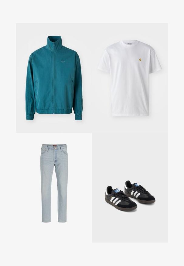 Chaqueta ligera color teal con un alto cuello, cierre de cremallera frontal, dos bolsillos laterales, puños elásticos y tres franjas verticales a lo largo de las mangas.; Camiseta de algodón blanca con mangas cortas, cuello redondo, que presenta un pequeño logo dorado en la parte izquierda del pecho. Textura suave y corte regular.; Vaqueros de denim azul claro con corte recto, diseño de cinco bolsillos, cierre de botón y textura ligeramente descolorida.; Zapatillas negras con un upper de ante y sintético, con tres rayas blancas, suela de goma texturizada y etiqueta de logo azul en la lengüeta.