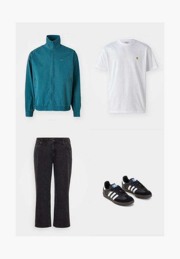 Casaco leve em teal com colarinho alto, fecho em zip, dois bolsos laterais, punhos elásticos e três riscas verticais nas mangas.; T-shirt branca de algodão com mangas curtas, decote redondo, apresentando um pequeno logótipo dourado na área do peito esquerdo. Textura macia e ajuste regular.; Calças de ganga pretas de perna larga com corte reto, cinco bolsos, fecho frontal com botão e detalhe de costura em contraste.; Sneakers pretos com parte superior em camurça e sintético, apresentando três riscas brancas, sola de borracha texturizada e etiqueta azul no linguete.