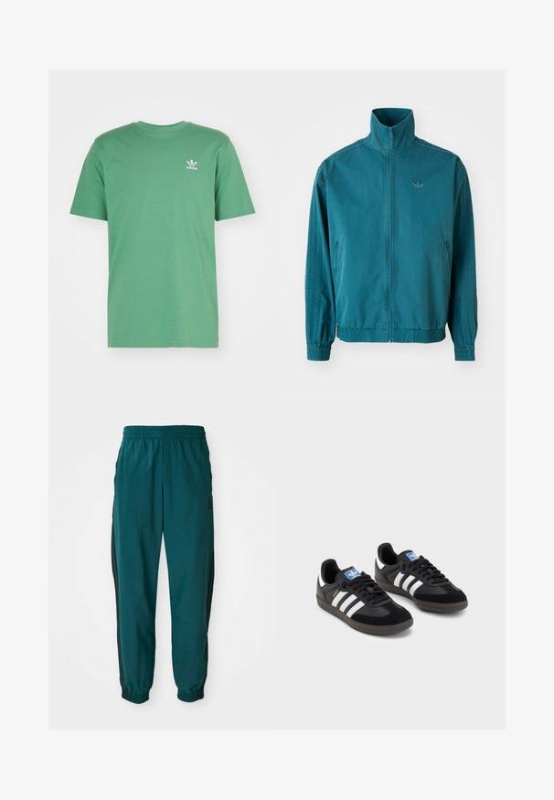 Casaco leve em teal com colarinho alto, fecho em zip, dois bolsos laterais, punhos elásticos e três riscas verticais nas mangas.; adidas Originals TREFOIL ESSENTIALS - T-shirt estampada - preloved green; Calças de treino em teal com cintura ajustável por cordão, punhos elásticos e riscas pretas laterais. Fabricadas em tecido leve, apresentam um logótipo perto do quadril.; Sneakers pretos com parte superior em camurça e sintético, apresentando três riscas brancas, sola de borracha texturizada e etiqueta azul no linguete.
