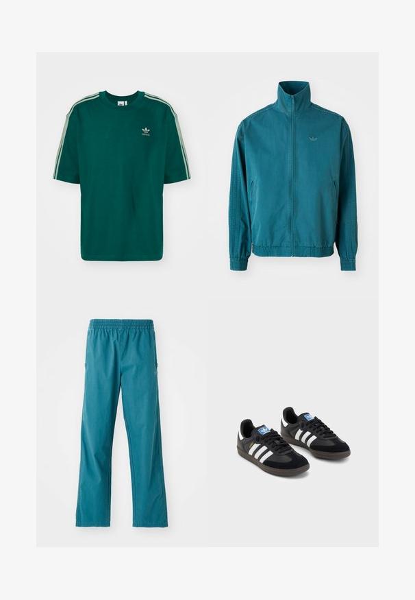 Tyrkysová lehká bunda s vysokým límcem, zapínáním na zip, dvěma bočními kapsami, elastickými manžetami a třemi vertikálními pruhy na rukávech.; Zelené bavlněné tričko s kulatým výstřihem a krátkým rukávem. Tři bílé pruhy podél ramen. Na hrudi se nachází malé logo.; Tyrkysové kalhoty vyrobené z lehkého materiálu, s elastickým pasem a rovnýcm střihem, doplněné bočními kapsami.; Černé tenisky s vrškem z semiše a syntetického materiálu, s třemi bílými pruhy, texturovanou gumovou podrážkou a modrou nášivkou loga na jazyku.