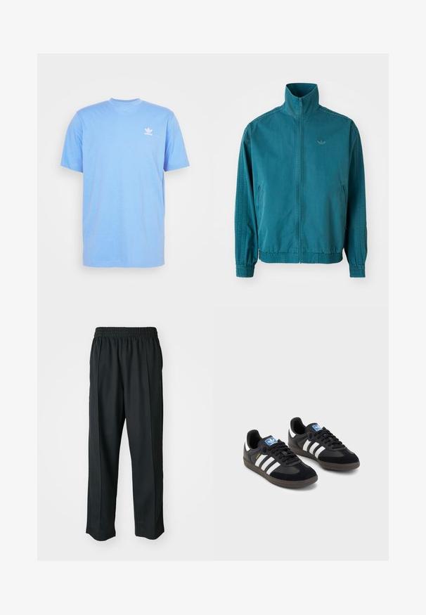 Tyrkysová ľahká bunda s vysokým golierom, zipsom vpredu, dvoma bočnými vreckami, elastickými manžetami a tromi vertikálnymi pruhmi pozdĺž rukávov.; Svetlomodré bavlnené tričko s krátkym rukávom, okrúhlym výstrihom a malým bielym logom Adidas na ľavej hrudi. Mäkkučká textúra, pohodlný dizajn.; Čierne športové nohavice s elastickým pásom, vyrobené z hladkého materiálu, s jemným bočným šitím a voľným strihom, rovný strih.; Čierne tenisky so zvrškom z semišu a syntetického materiálu, s tromi bielymi pruhmi, štruktúrovanou gumovou podrážkou a modrou logovou etiketou na jazyku.