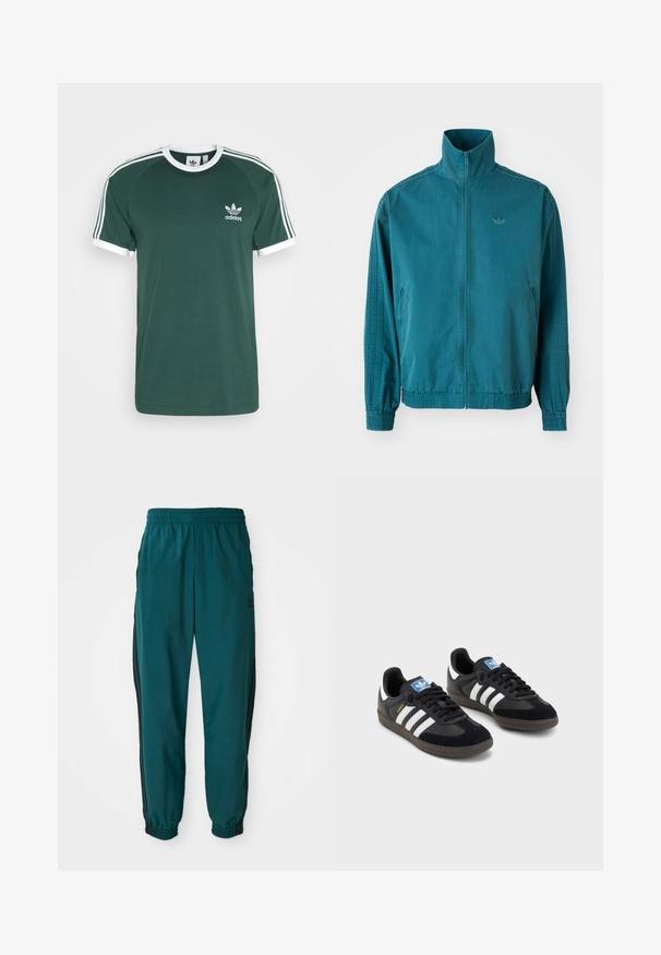 Turkos lättviktsjacka med hög krage, dragkedja fram, två sidfickor, elastiska muddar och tre vertikala ränder längs ärmarna.; Grön bomullströja med vita detaljer, med rund hals, korta ärmar och tre vita ränder längs axlarna. Adidas-logotypen på bröstet.; Teal sportbyxor med dragsko i midjan, elastiska muddar och svarta sidostråkar. Tillverkade av lättviktsmaterial och har en logo nära höften.; Svarta sneakers med övre del av mocka och syntetmaterial, med tre vita ränder, texturerad gummisula och blå logotags på tungan.