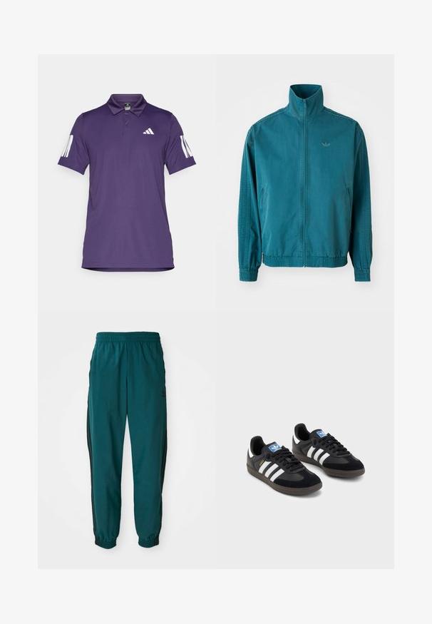 Lichte, tealkleurige jas met een hoge kraag, ritssluiting aan de voorkant, twee zijzakken, elastische manchetten en drie verticale strepen langs de mouwen.; Paarse polo shirt van gladde stof, met een kraag met drie knopen, een wit Adidas-logo op de borst en drie verticale strepen op de mouwen.; Teal sportbroek met een trekkoord in de taille, elastische boorden en zwarte zijstreep. Gemaakt van lichte stof en voorzien van een logo nabij de heup.; Zwarte sneakers met een bovenwerk van suède en synthetisch materiaal, voorzien van drie witte strepen, een gestructureerde rubberen zool en een blauw logo-label op de tong.