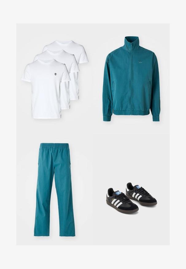 Casaco leve em teal com colarinho alto, fecho em zip, dois bolsos laterais, punhos elásticos e três riscas verticais nas mangas.; Três T-shirts brancas de algodão com decote redondo, apresentando um pequeno logótipo no lado esquerdo do peito. Textura suave; ajuste regular.; Calças de cor teal feitas de tecido leve, apresentando uma cintura elástica e um corte reto com bolsos laterais.; Sneakers pretos com parte superior em camurça e sintético, apresentando três riscas brancas, sola de borracha texturizada e etiqueta azul no linguete.