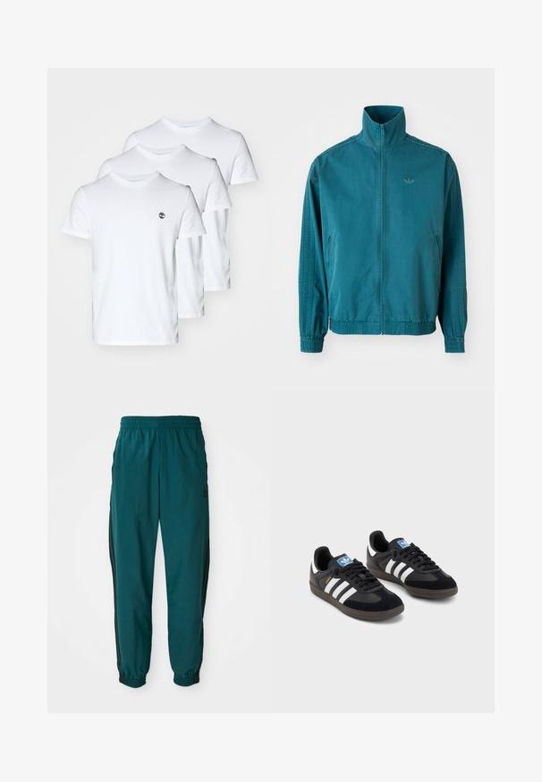 Teal lett jakke med høy krage, glidelås foran, to sidelommer, elastiske mansjetter og tre vertikale striper langs ermene.; Tre hvite bomulls T-skjorter med rund hals, med en liten logo på venstre bryst. Glatt tekstur; normal passform.; Teal idrettsbukser med snor i midjen, elastiske mansjetter og svarte striper på siden. Laget av lett materiale, med en logo nær hoften.; Svarte sneakers med overdel i semsket lær og syntetisk materiale, med tre hvite striper, strukturert gummisåle og blå logoetikett på tungen.