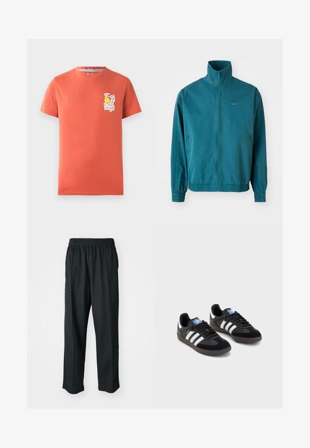 Τεξανί μπλέ ελαφρύ μπουφάν με ψηλό γιακά, μπροστινό φερμουάρ, δύο πλαϊνές τσέπες, ελαστικούς καρπούς και τρεις κατακόρυφες ρίγες κατά μήκος των μανικιών.; Κοντομάνικο μπλουζάκι από βαμβάκι σε κοραλί χρώμα. Διαθέτει λευκή γραφιστική με κείμενο και ένα χαμογελαστό πρόσωπο στην αριστερή περιοχή του στήθους. Στρογγυλή λαιμόκοψη.; Μαύρο αθλητικό παντελόνι με ελαστική μέση, κατασκευασμένο από λείο ύφασμα, με διακριτική ραφή στο πλάι και χαλαρή εφαρμογή, σχέδιο ίσιου ποδιού.; Μαύρα αθλητικά παπούτσια με επάνω μέρος από σουέτ και συνθετικό υλικό, με τρεις λευκές ρίγες, υφασμάτινη σόλα από καουτσούκ και μπλε ταυτότητα λογότυπου στη γλώσσα.